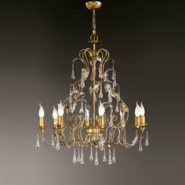Mm Lampadari Villa Eight-Light Chandelier with Hand-Bended Metal Tubes and Transparent Drops