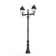 Roger Pradier Avenue 4 Large Double Arm Opal Glass Street Lamp with Four-Sided Lantern in Green Patina
