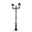 Roger Pradier Avenue 4 Large Double Arm Opal Glass Street Lamp with Four-Sided Lantern in Gold Patina