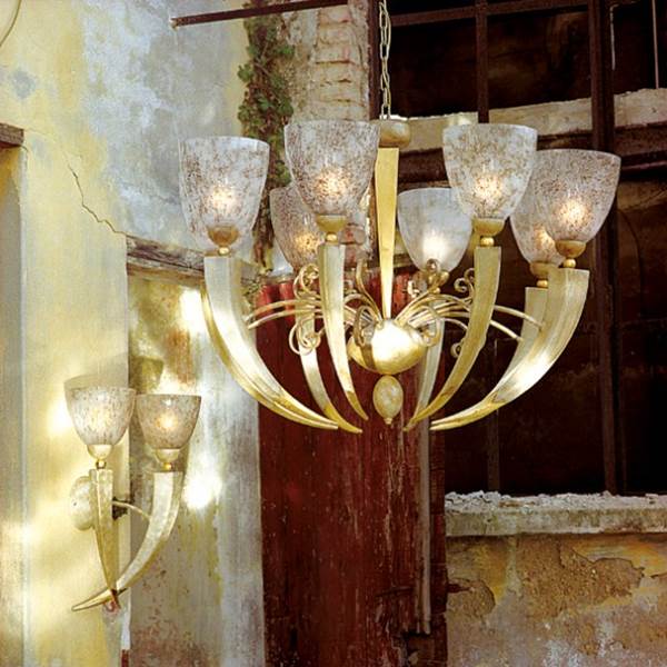 Mm Lampadari Horn Eight-Light Antiqued Avory Chandelier with Gold Leaf Details & Blown Glass Cups