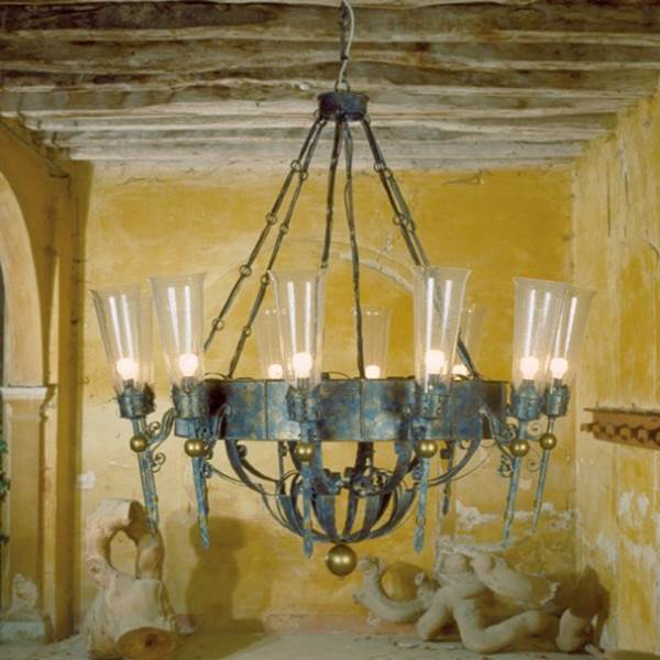 Mm Lampadari Fiaccole Twelve-Light Chandelier with Blown Glass & Hand-Forged Details