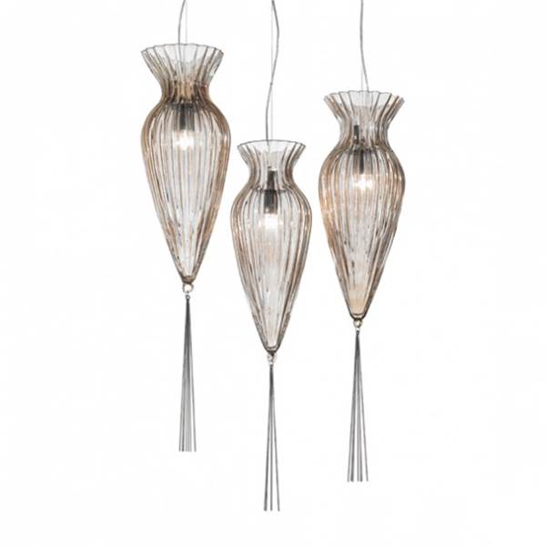 Mm Lampadari Goccia Three-Light Pendant with Metal Drop Smooth Slender Shape Murano Glass