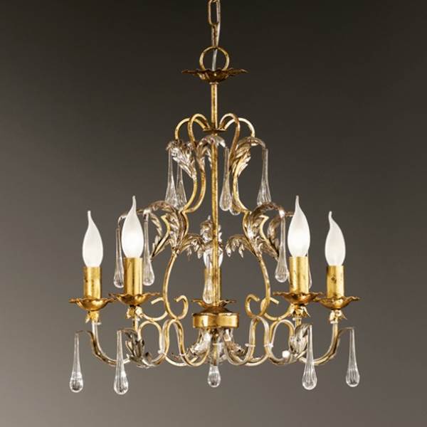 Mm Lampadari Villa Five-Light Chandelier with Hand-Bended Metal Tubes and Transparent Drops