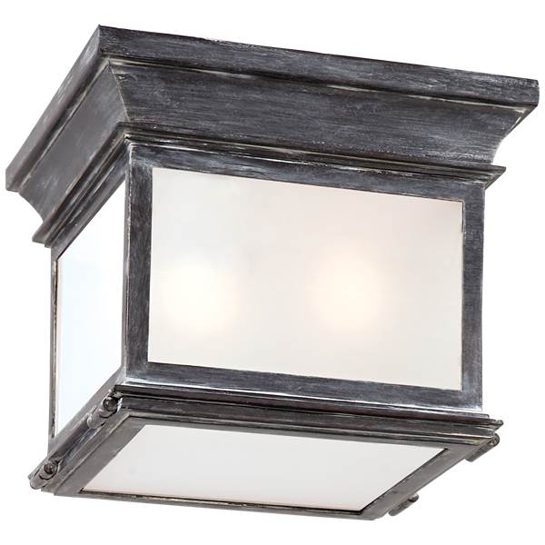 Visual Comfort Club Small Square Flush Mount Weathered Zinc with Frosted Glass