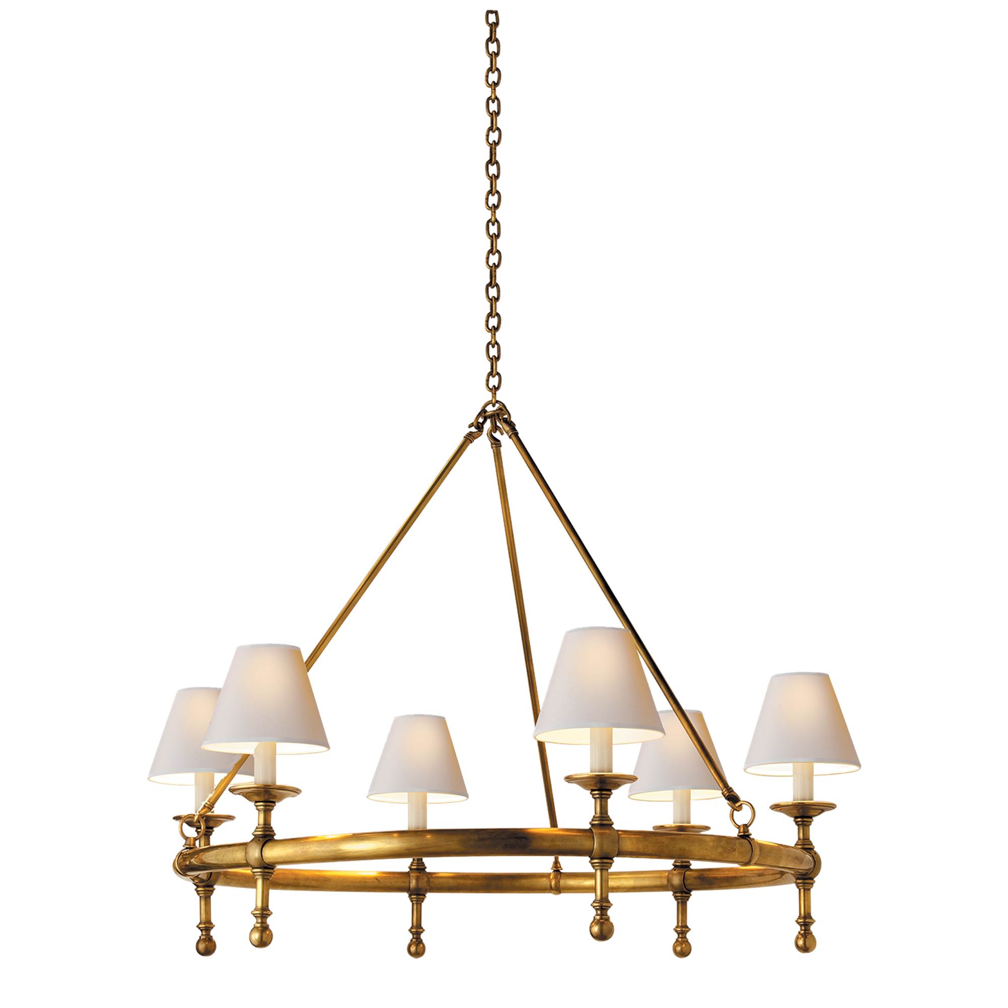 Visual Comfort Classic Six-Light Ring Chandelier with Natural Paper Shades  - Antique Brass